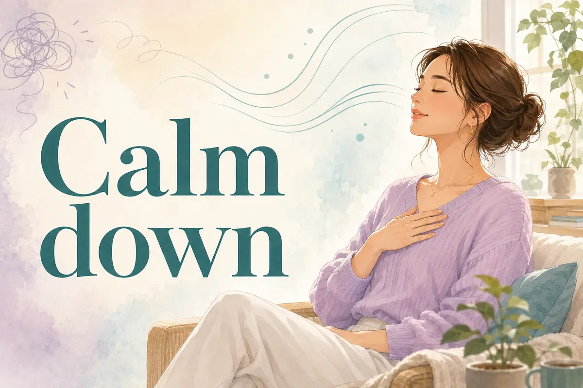 Calm downの意味を表す、深呼吸して落ち着く女性のイラスト