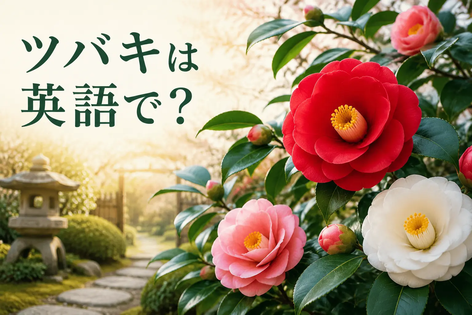 赤・ピンク・白の椿と「ツバキは英語で?」の文字