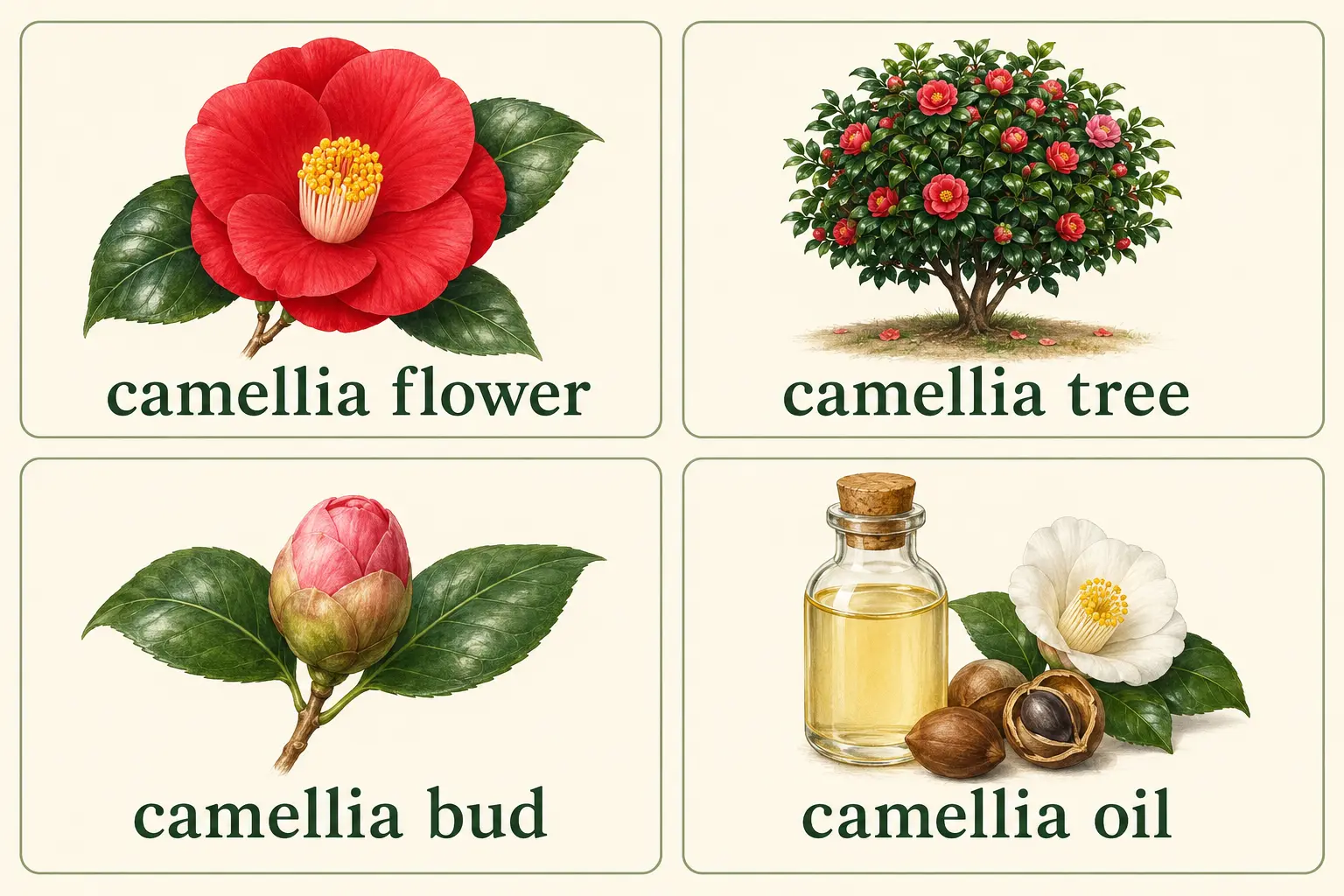 camellia flower・camellia tree・camellia bud・camellia oilを比較した図