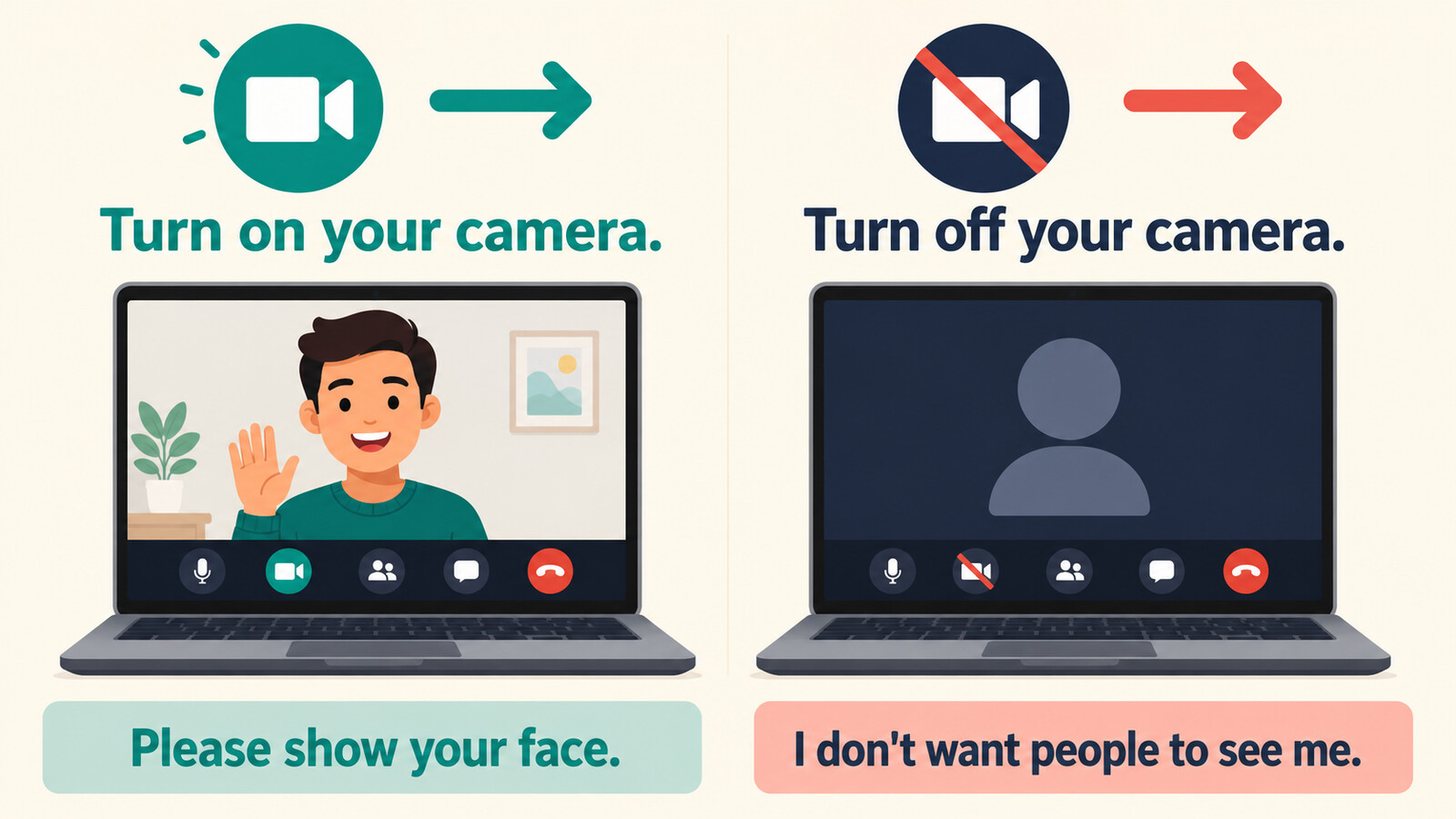 Turn on your cameraとTurn off your cameraを簡単な英語で視覚化した図