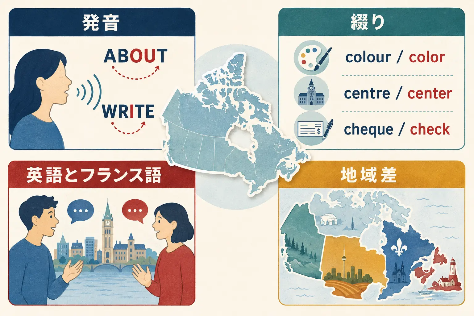 カナダ英語の発音・綴り・英仏二言語・地域差を整理した図解