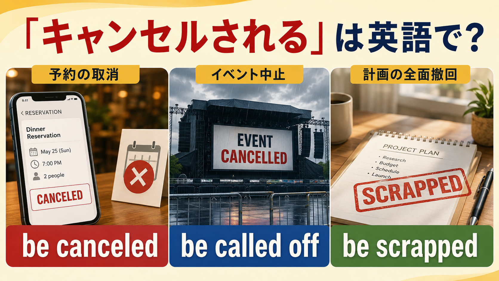 「キャンセルされる」は英語で？be canceled・be called off・be scrappedの違い