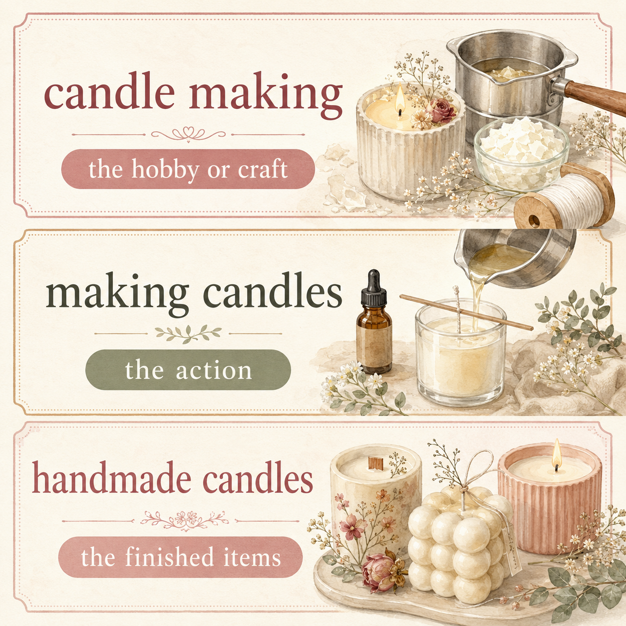 candle making、making candles、handmade candlesの英語表現比較