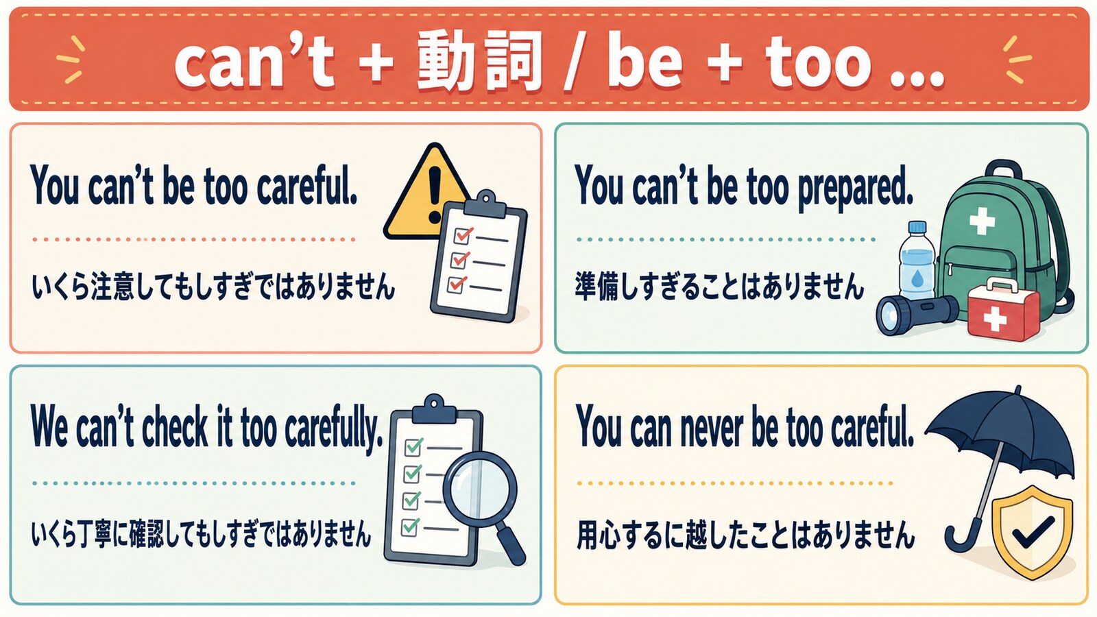 You can’t be too carefulなどcan’t＋動詞・be＋tooの定番表現と日本語訳