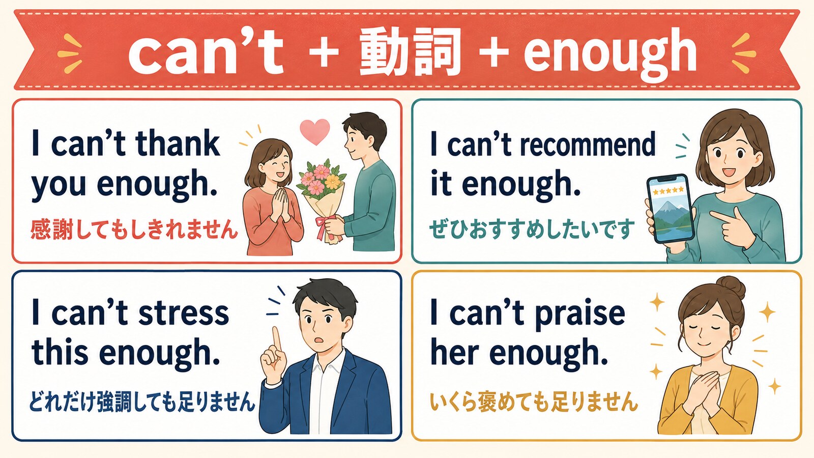 I can’t thank you enoughなどcan’t＋動詞＋enoughの定番表現4つと日本語訳