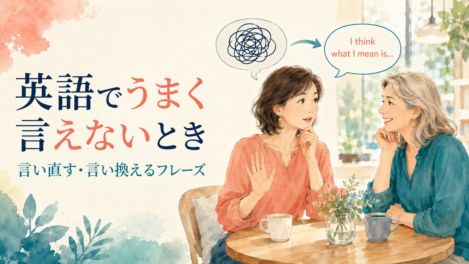 英語でうまく言えず別の言い方で話し直す女性のイラスト