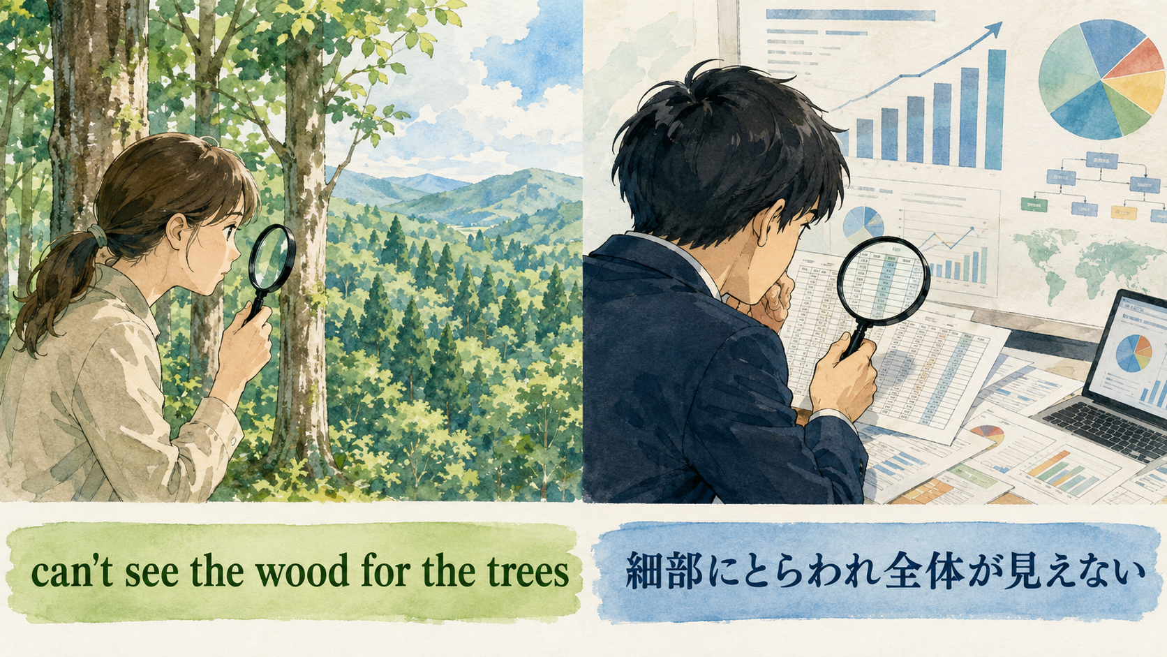 can't see the wood for the treesの直訳と実際の意味を比較する解説イラスト