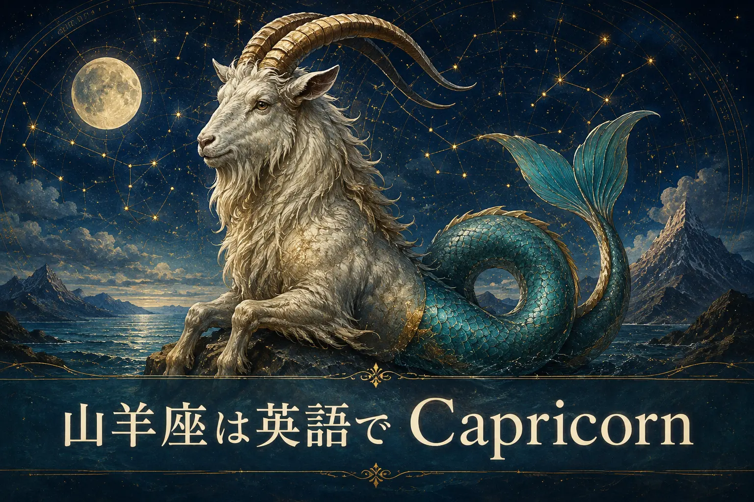 山羊座は英語でCapricornと紹介する海ヤギのイラスト