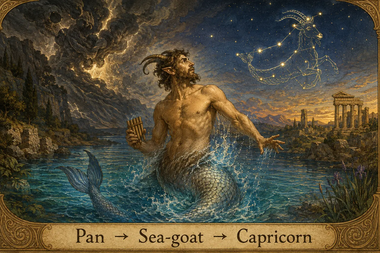 パンが海ヤギに変身しCapricornになった神話のイラスト