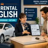 レンタカー店舗で予約と補償を英語で案内するスタッフ