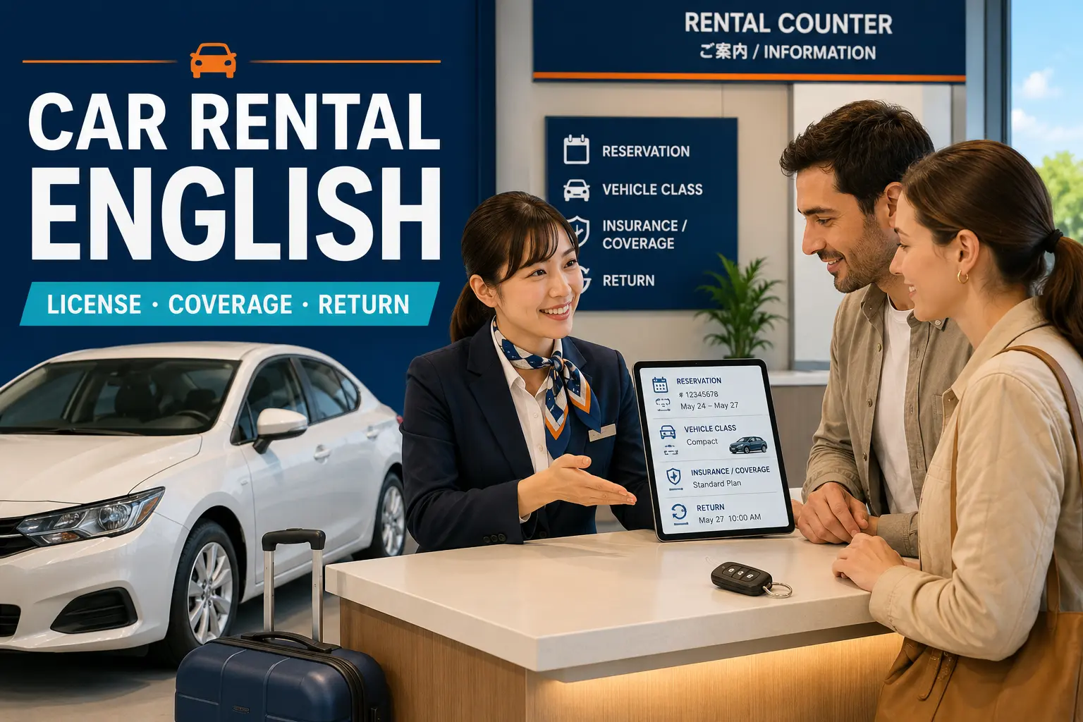 レンタカー店舗で予約と補償を英語で案内するスタッフ