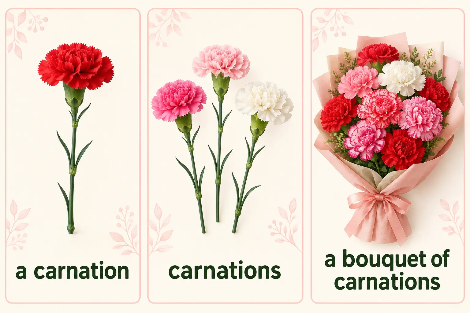 a carnation、carnations、a bouquet of carnationsを示した図