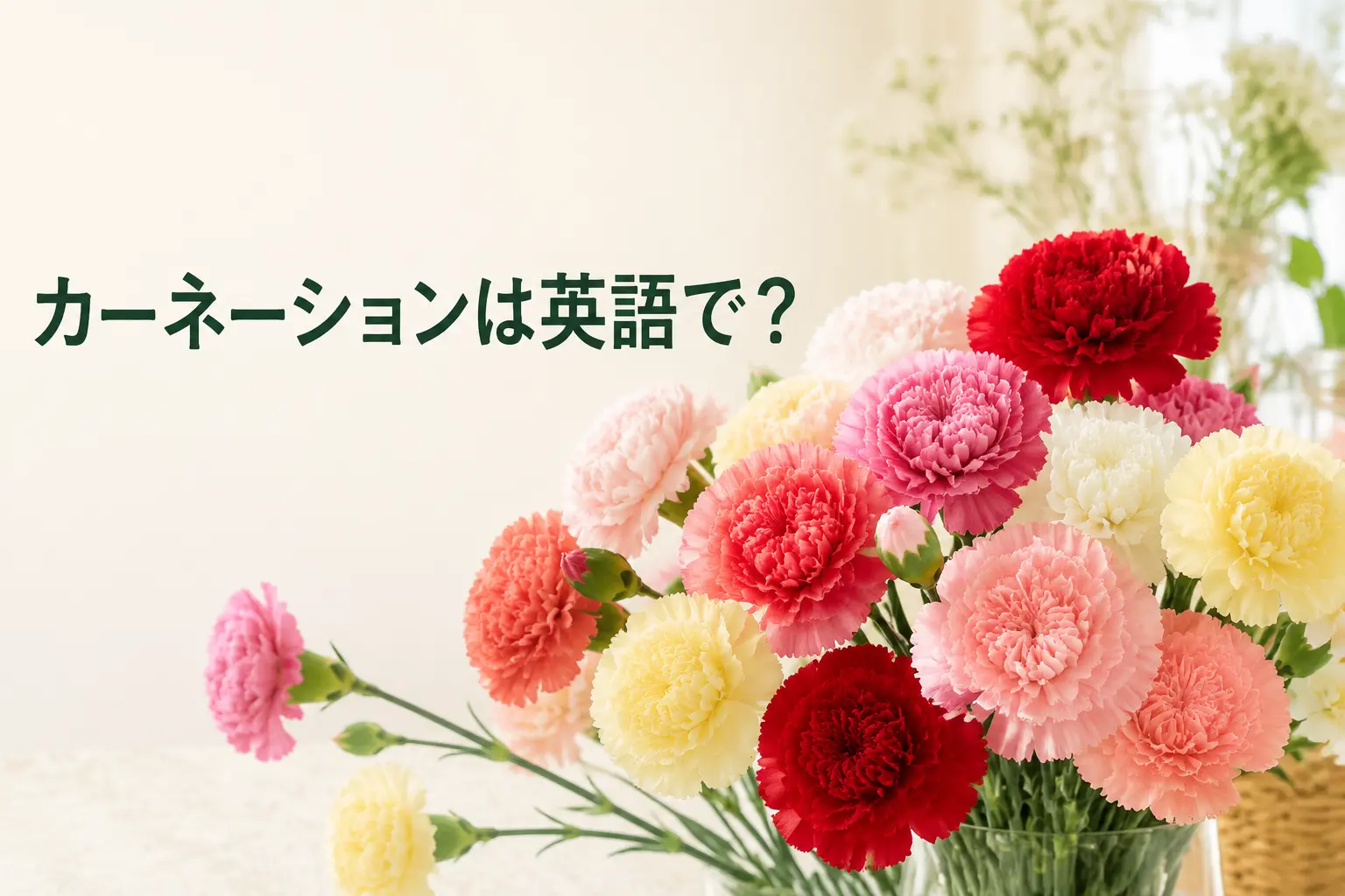 赤・ピンク・白・黄色のカーネーションと「カーネーションは英語で?」の文字