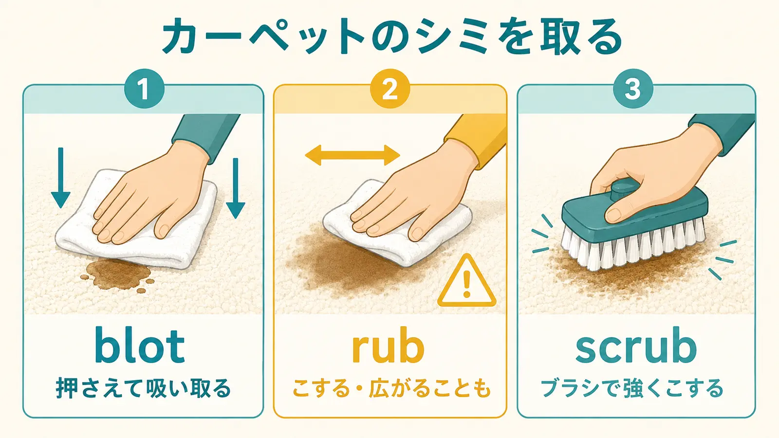 カーペットのシミに対するblot、rub、scrubの動作の違いを示した図