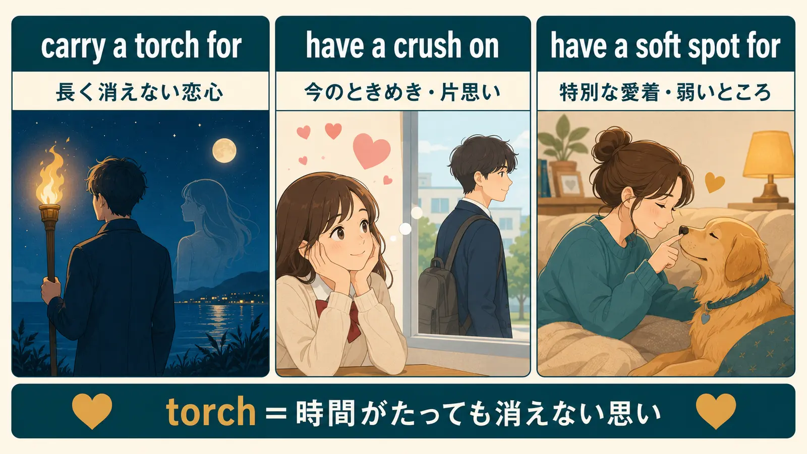 carry a torch for、have a crush on、have a soft spot forのニュアンスの違い