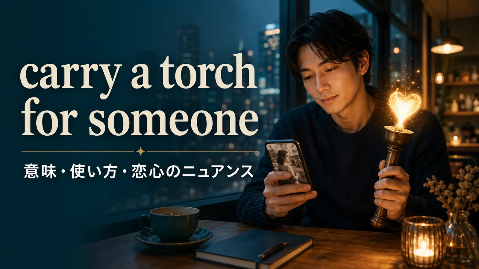 carry a torch for someoneの意味と恋心のニュアンスを解説するアイキャッチ画像