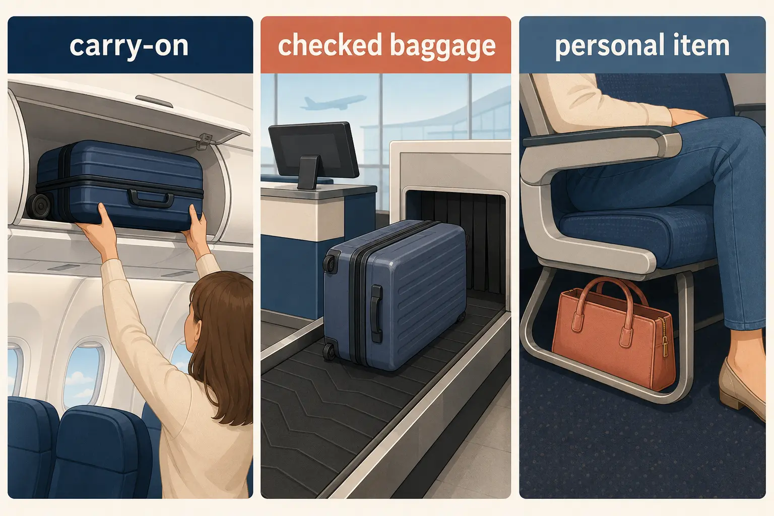 carry-on・checked baggage・personal itemの保管場所と扱いを比較した図解
