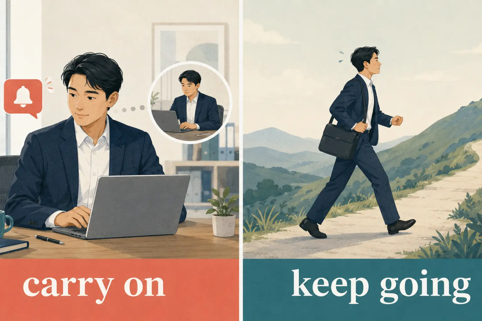 carry onとkeep goingのニュアンスの違いを示すイラスト