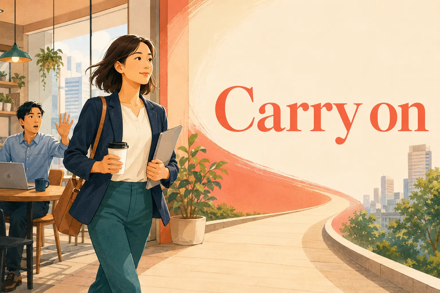 Carry onの意味と「続ける」のイメージを表すアイキャッチ