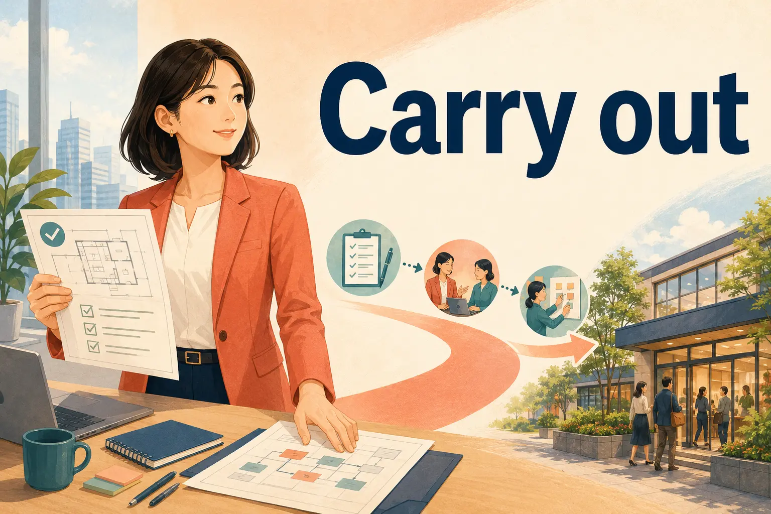 Carry outの意味と計画を実行するイメージを表すアイキャッチ