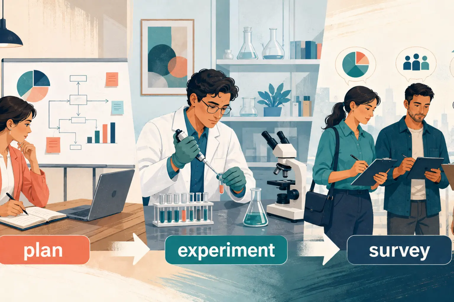 carry outとよく使うplan・experiment・surveyを示すイラスト