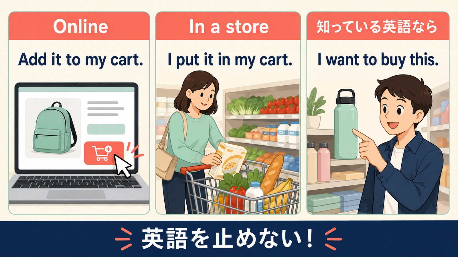 add to cart、put it in my cartと簡単な言い換えの比較