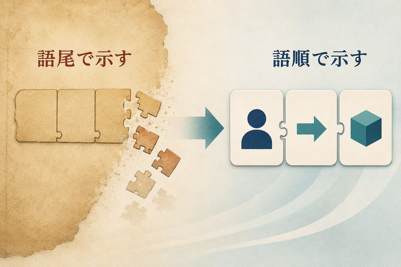 英語が格語尾から語順で文の役割を示す言語へ変化した図解