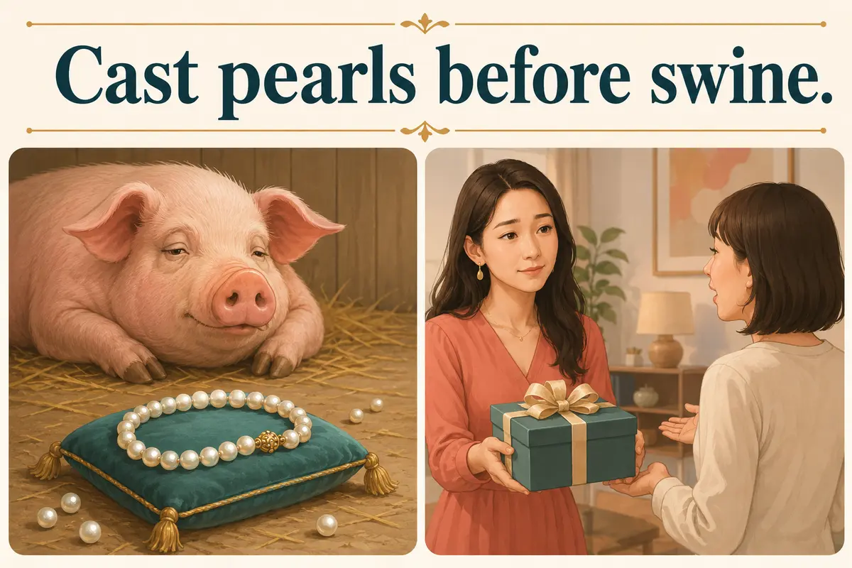 Cast pearls before swine. の意味を表す真珠と贈り物のイラスト