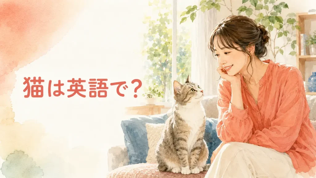 猫は英語で？女性と猫が見つめ合うイラスト