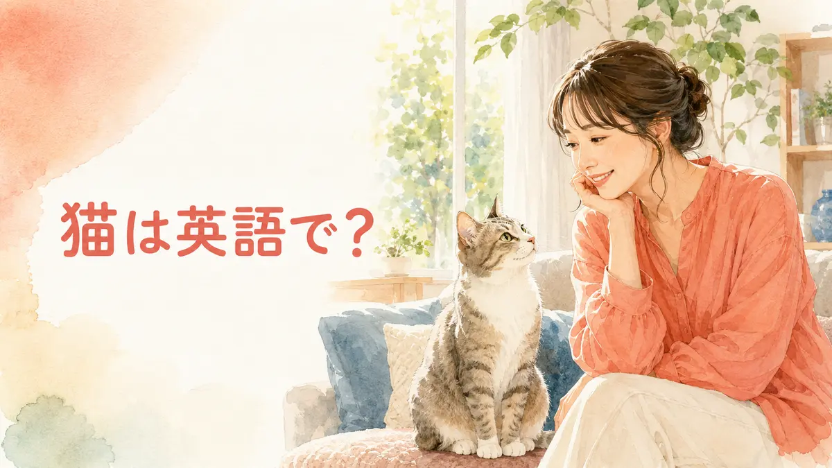 猫は英語で？女性と猫が見つめ合うイラスト