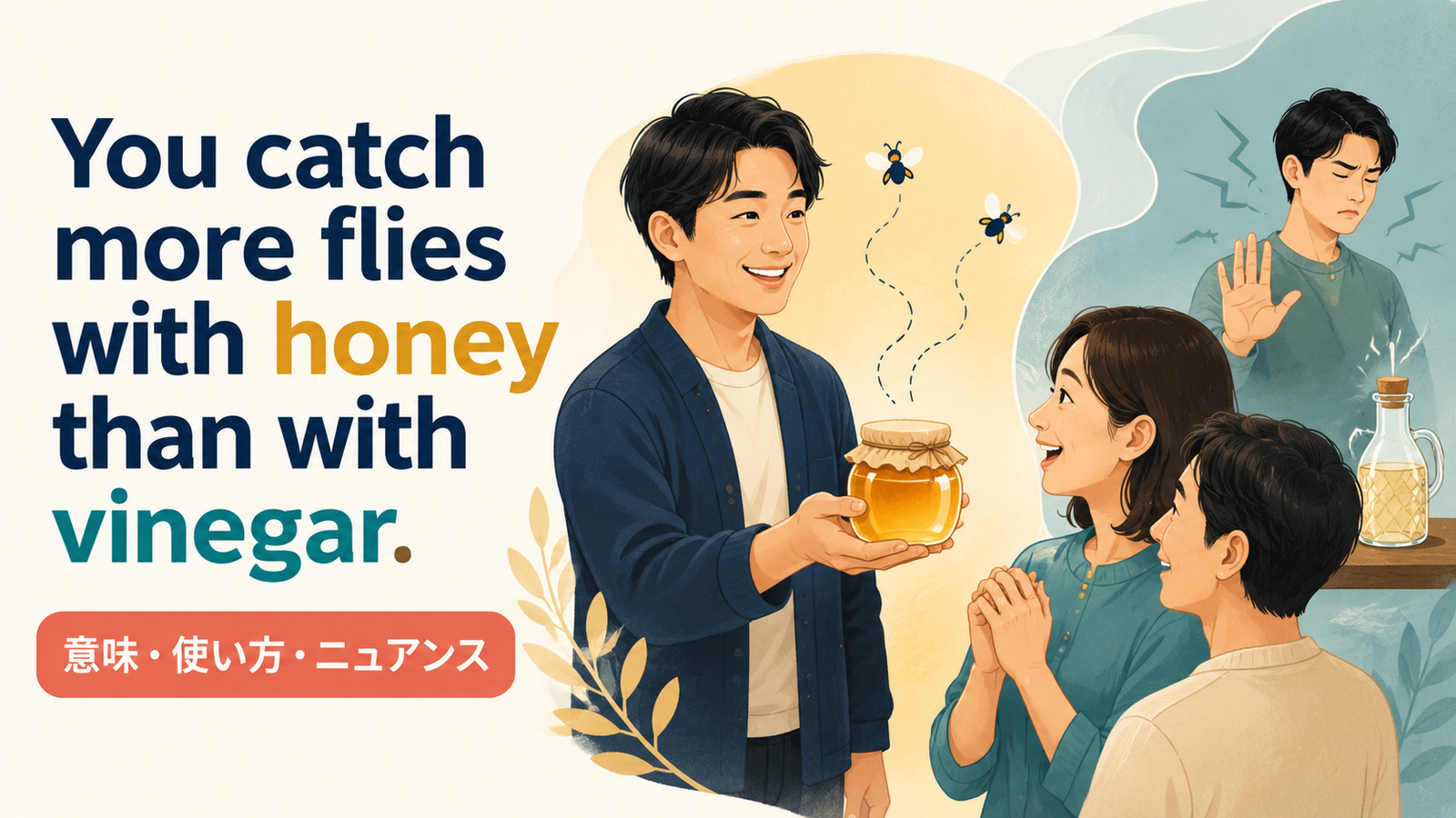 You catch more flies with honey than with vinegar.の意味・使い方・ニュアンスを解説するアイキャッチ画像
