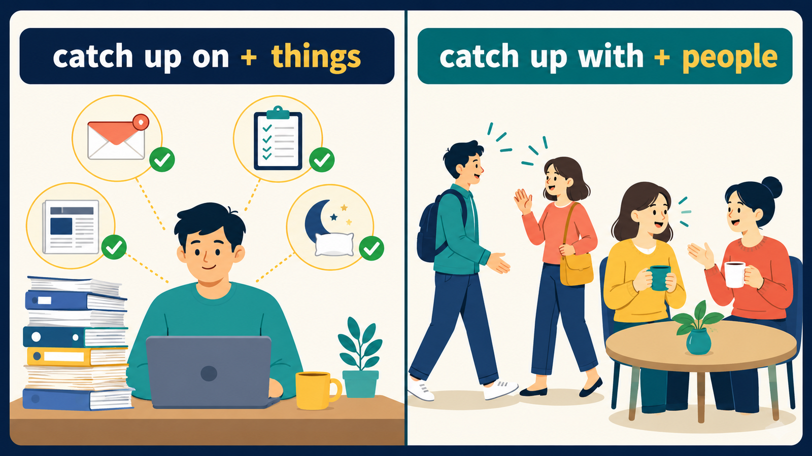 catch up onは物事の遅れを取り戻し、catch up withは人に追いつくことを示す比較イラスト