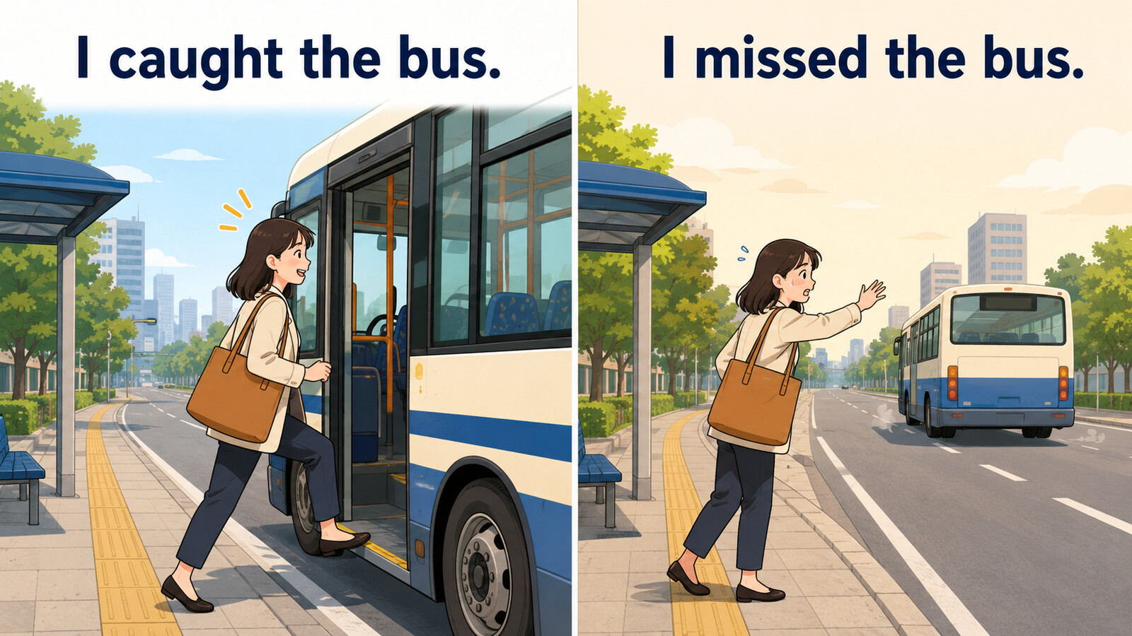 I caught the bus.とI missed the bus.の状況を比較した解説イラスト