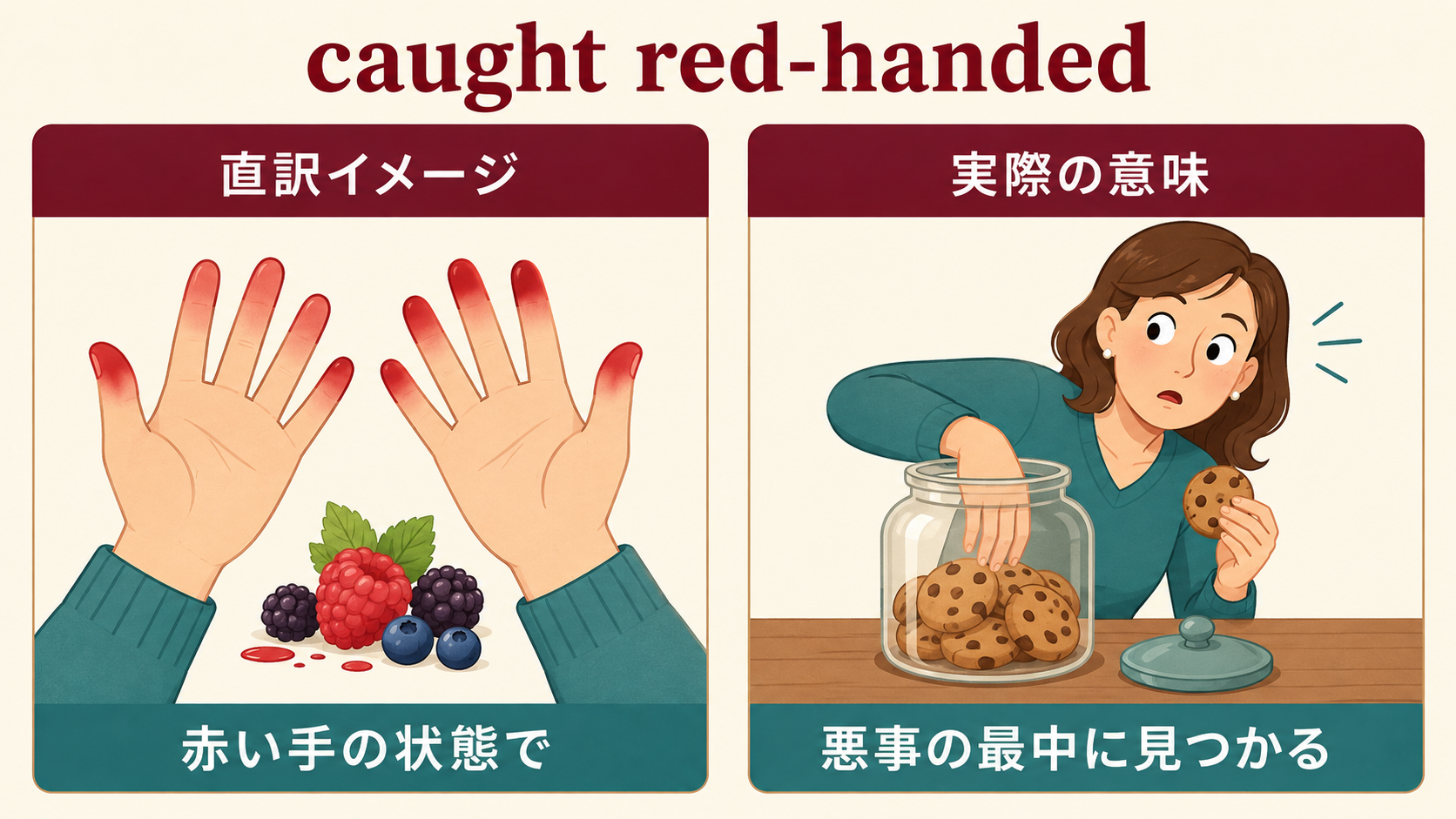caught red-handedの直訳イメージ「赤い手の状態で」と実際の意味「悪事の最中に見つかる」の比較図
