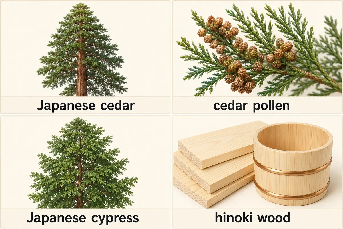 Japanese cedar、cedar pollen、Japanese cypress、hinoki woodの違い