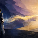 暗闇から朝へ伸びる金色の音の流れと歌い手を描いたオリジナルアート