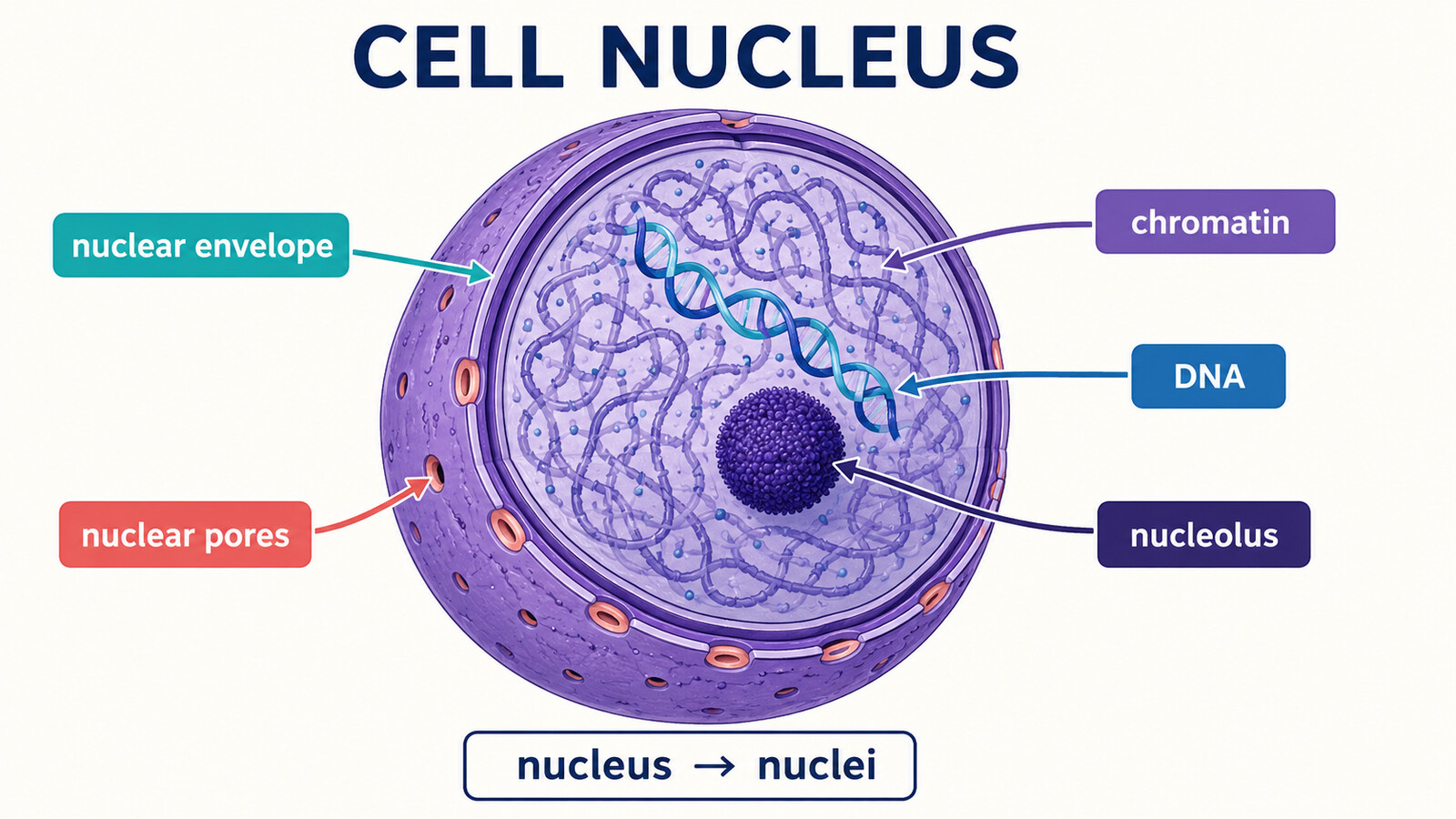 細胞核の構造とnucleus、nuclei、nuclear envelope、nuclear pores、chromatin、DNA、nucleolusの英語図解