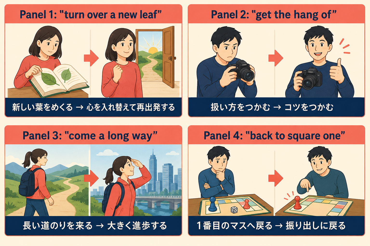 turn over a new leaf、get the hang of、come a long way、back to square oneの直訳と意味
