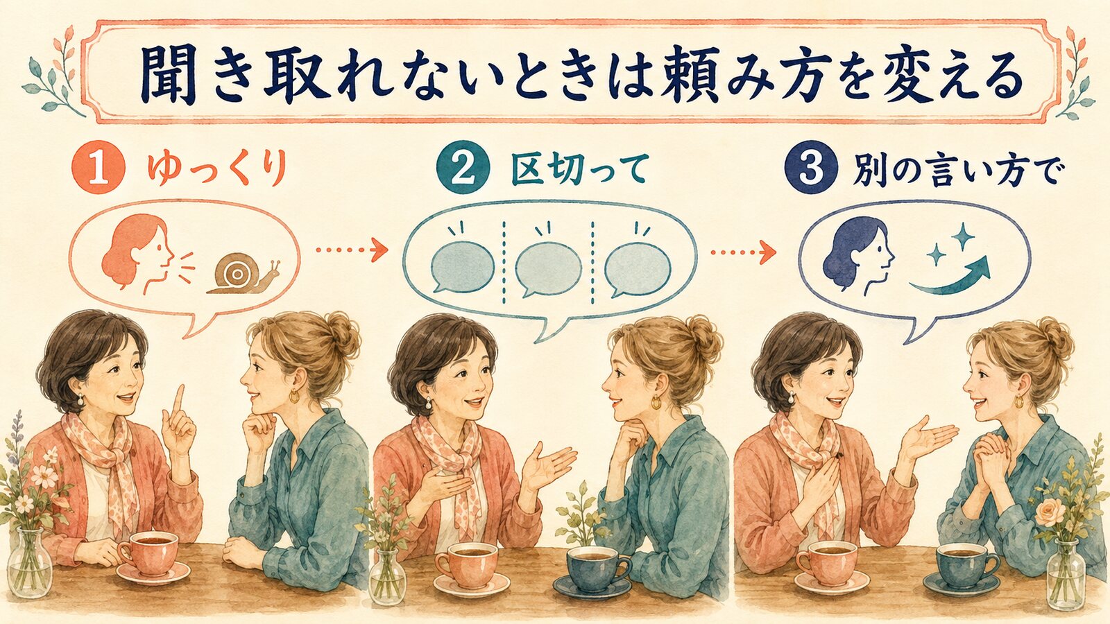 ゆっくり・区切って・別の言い方でと頼む3段階の英会話イラスト