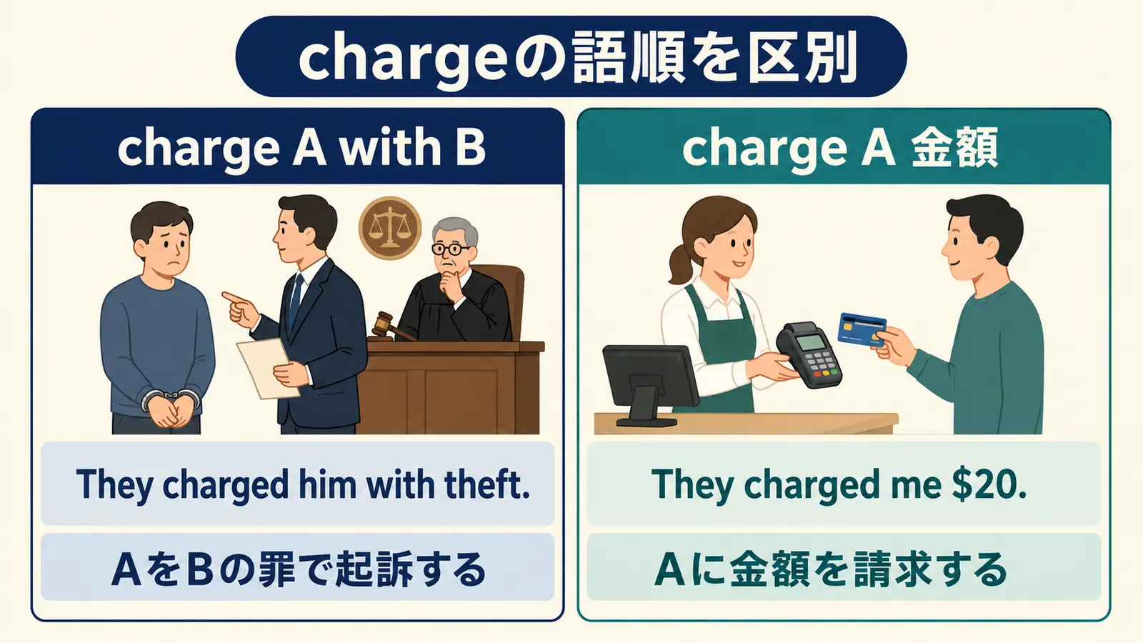charge A with Bとcharge A 金額の語順の違い
