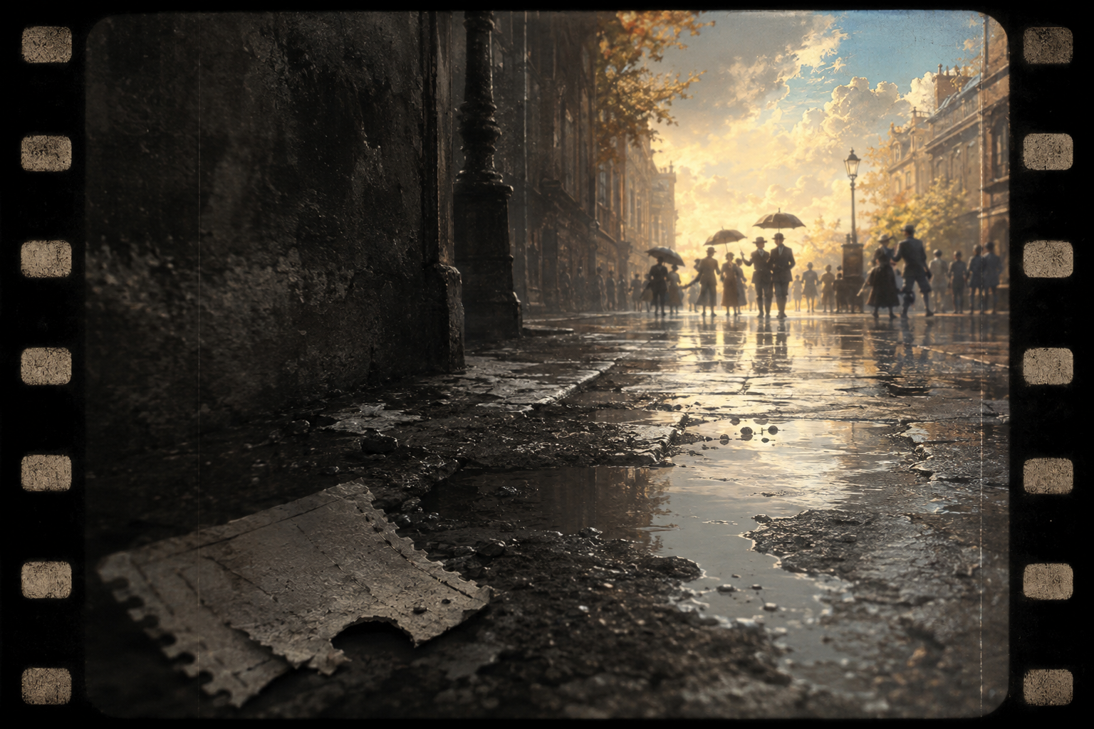 雨上がりの街を古い映画フィルム越しに見た、近くの苦悩と遠くの希望を表すオリジナル画像