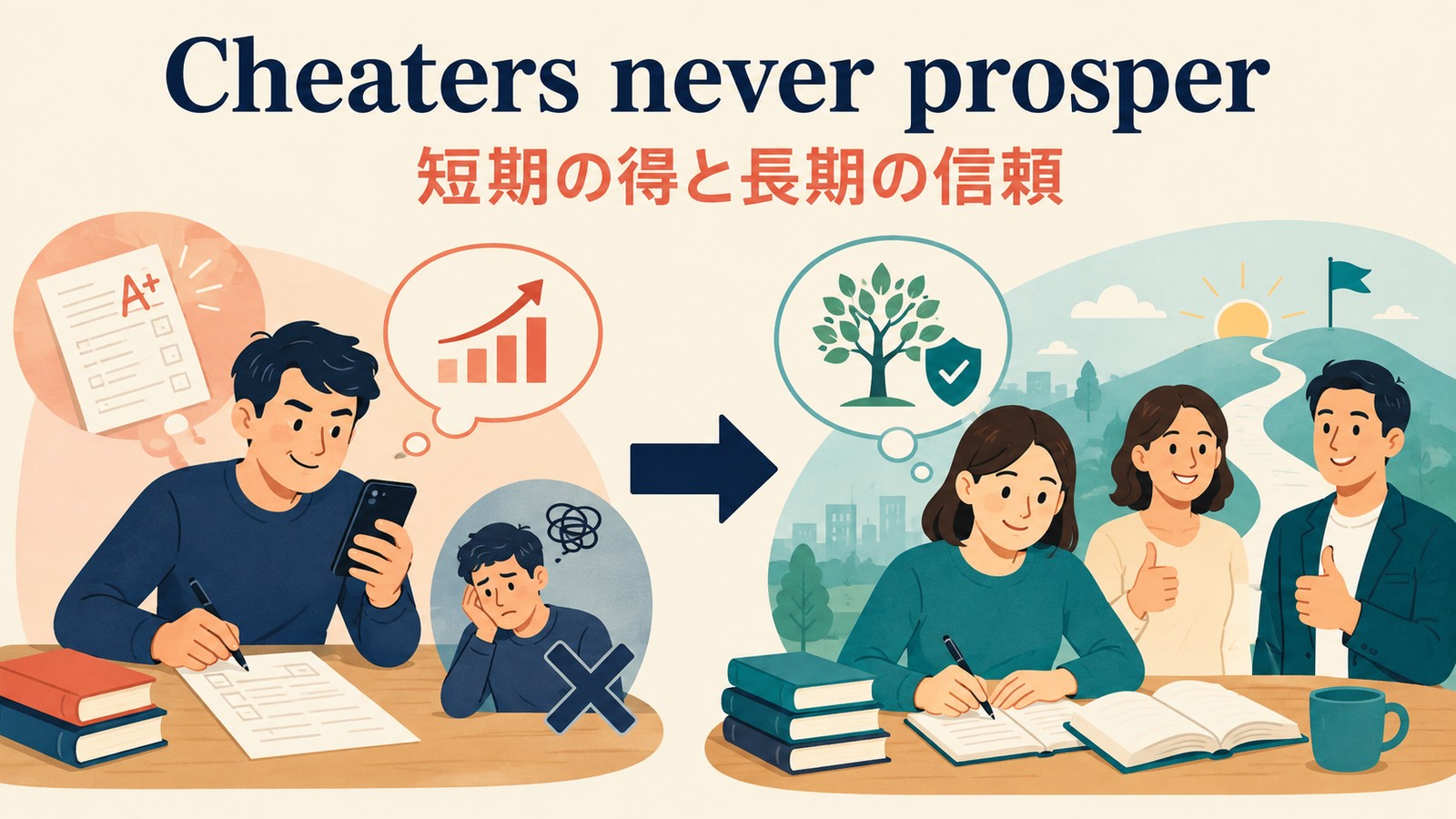 Cheaters never prosper.のニュアンス解説イラスト