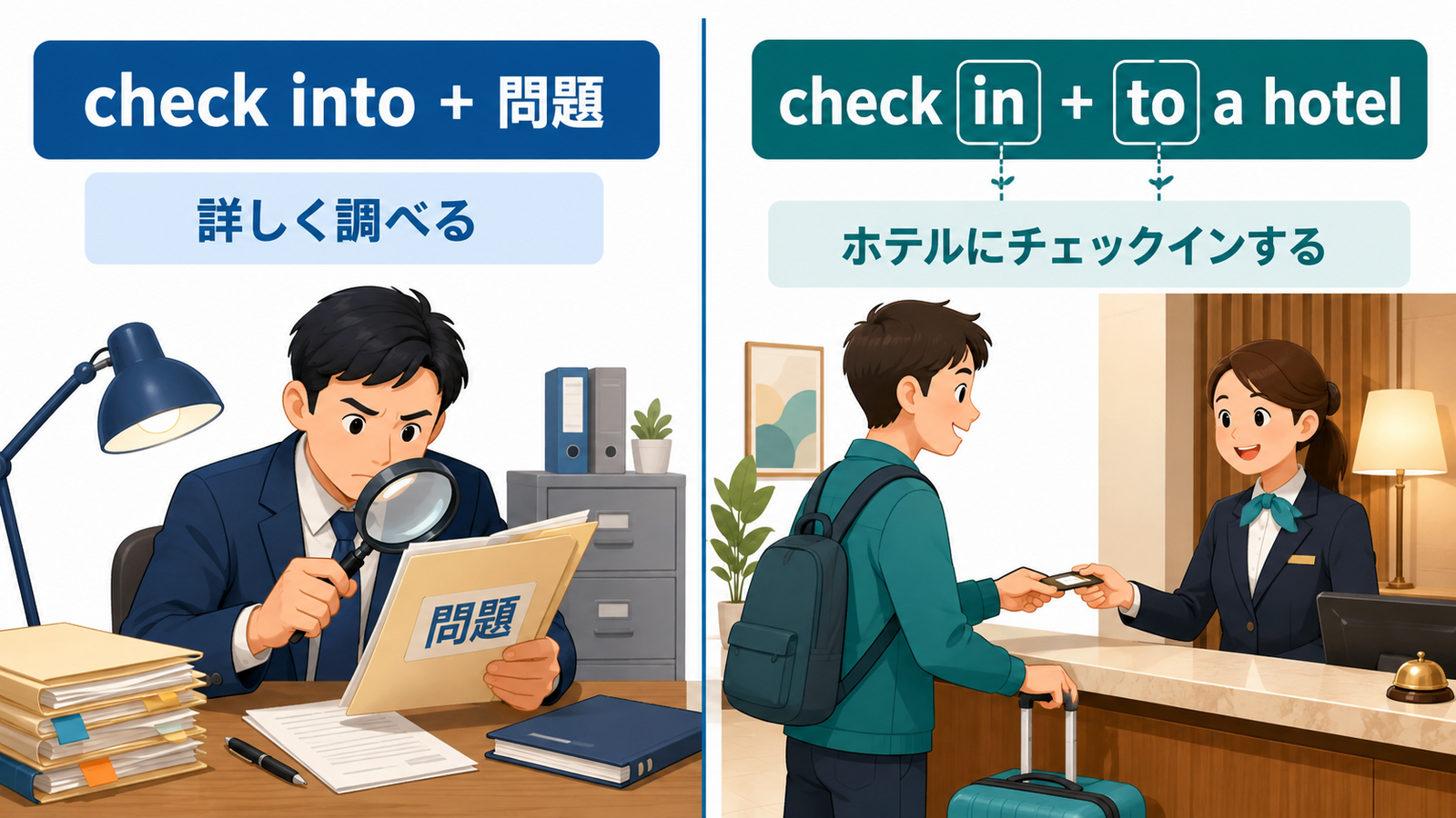 check into問題は詳しく調べる、check in to a hotelはホテルにチェックインするという違いの解説図