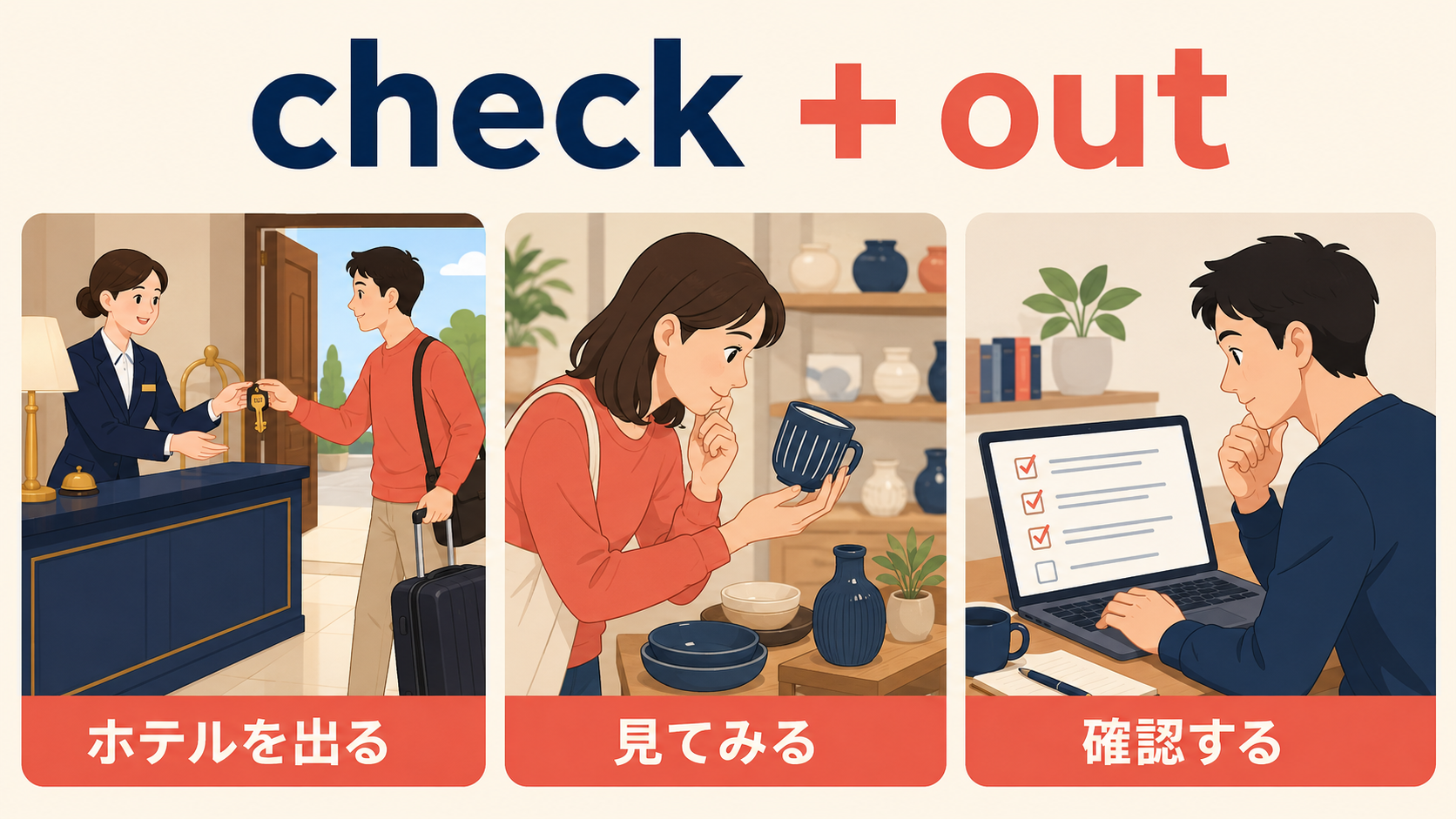 check outのホテルを出る・見てみる・確認するの意味を示す解説イラスト