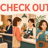 CHECK OUTの文字とホテル・会計・見てみての場面を描いたイラスト