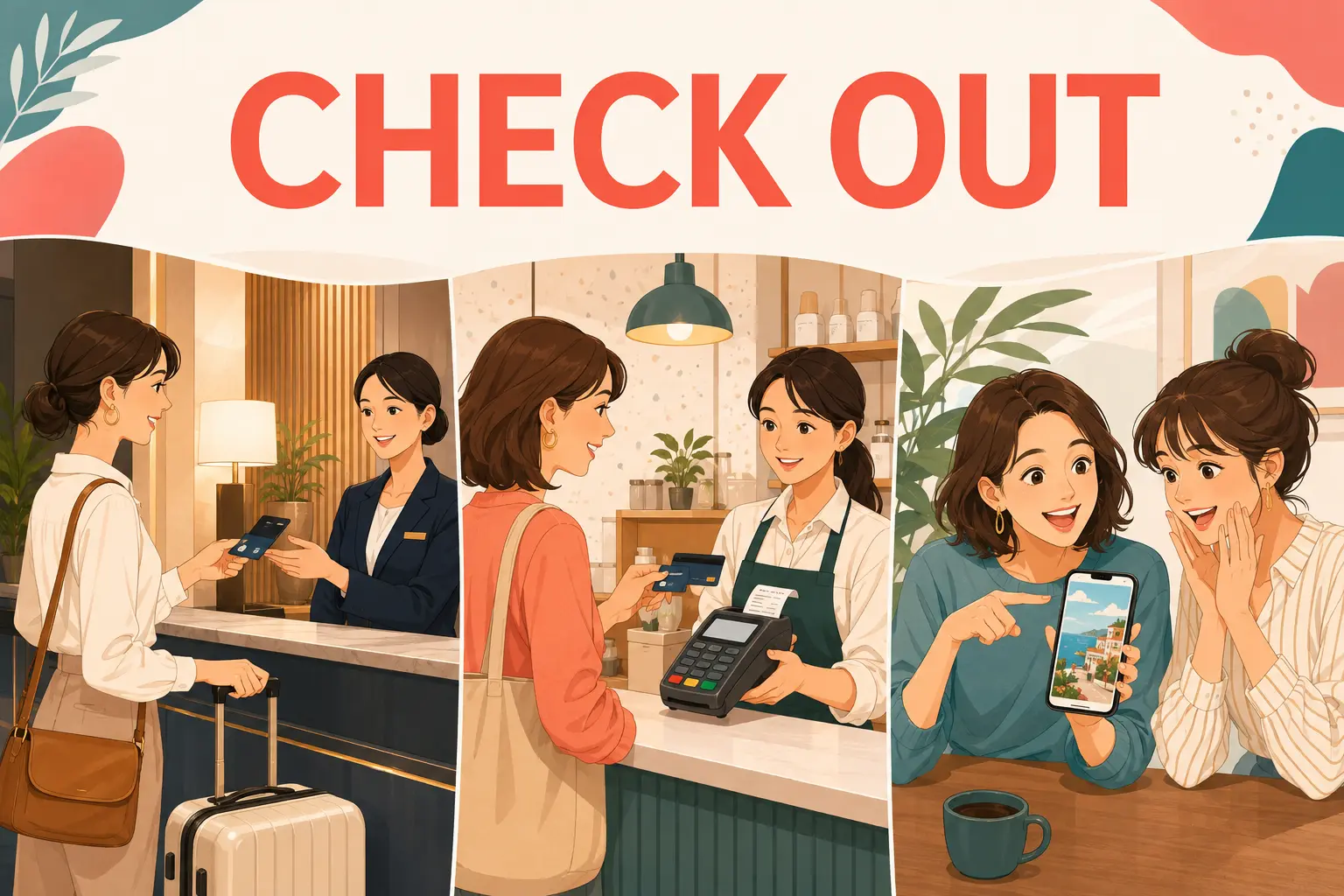 CHECK OUTの文字とホテル・会計・見てみての場面を描いたイラスト