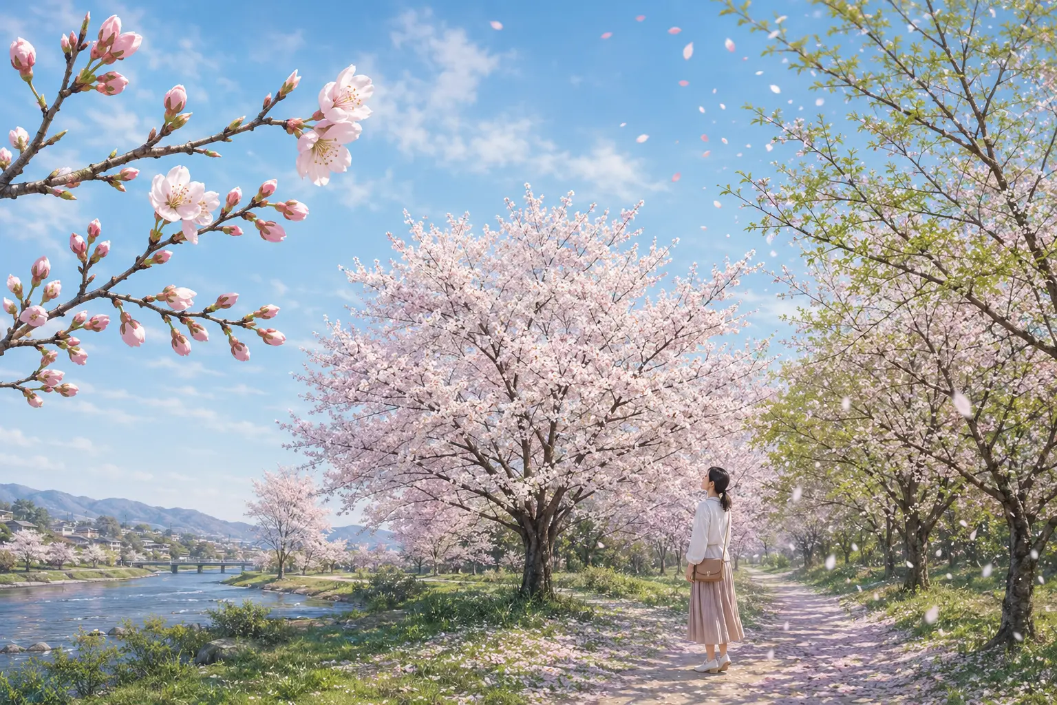 桜のつぼみ、開花、満開、花びらが散り葉が出るまでを表したイラスト