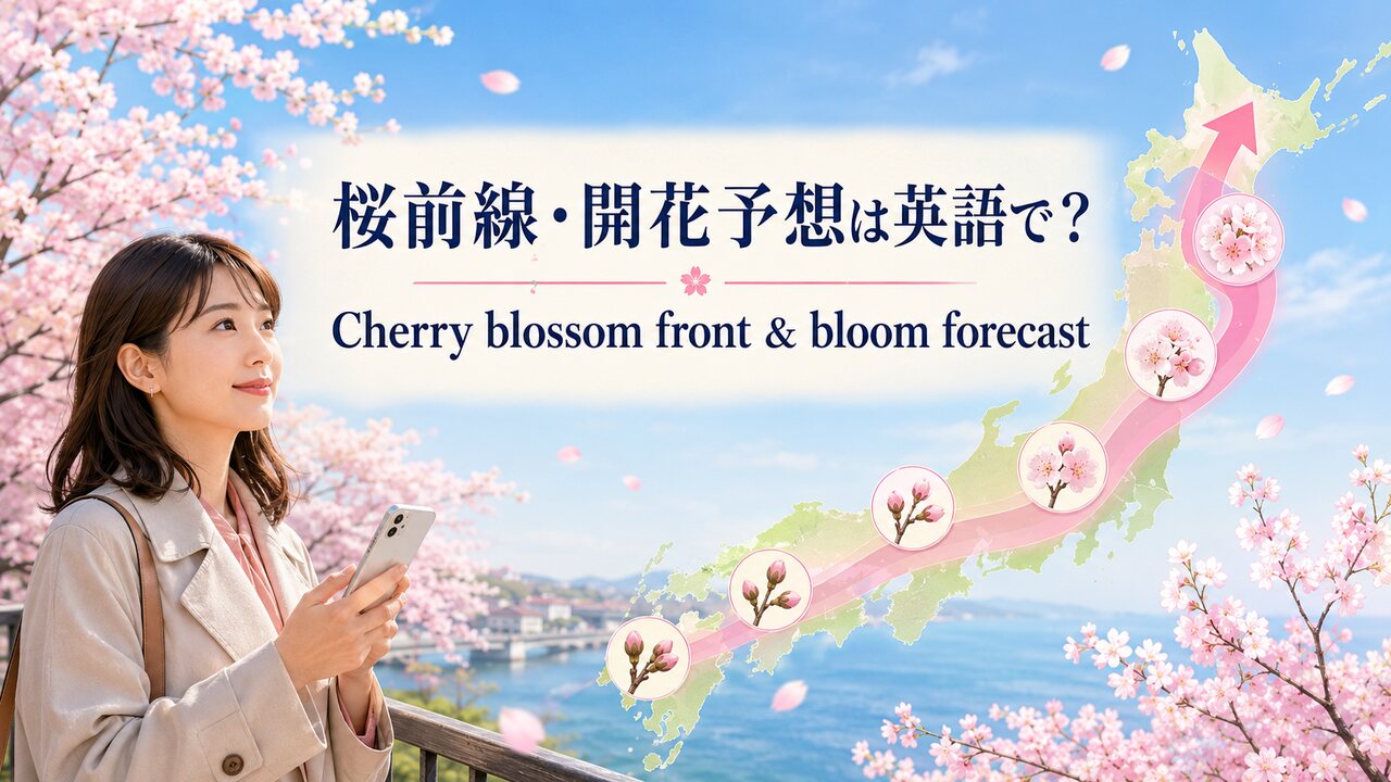 桜前線と開花予想を英語で紹介するアイキャッチ