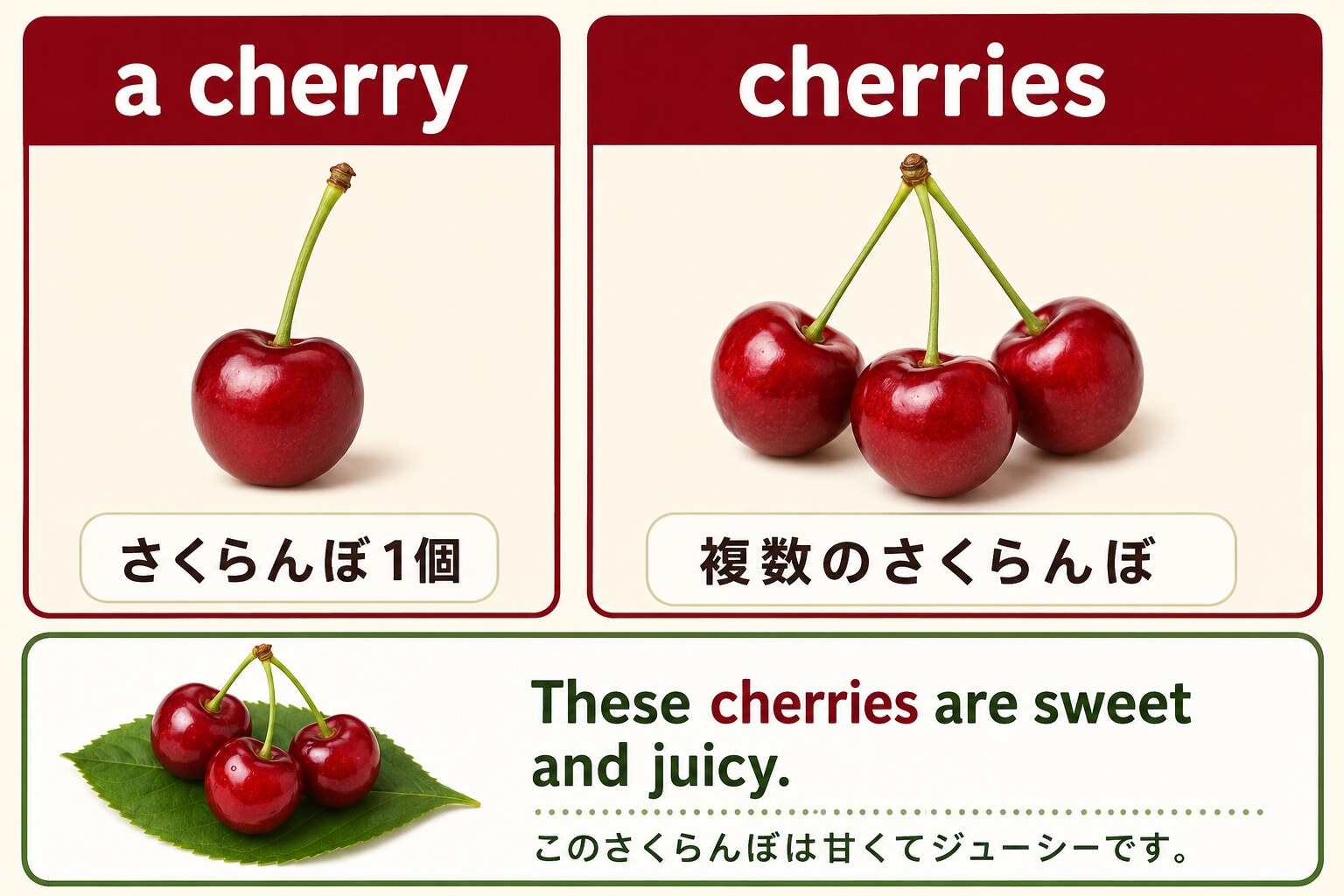 cherryの複数形cherriesと英語例文