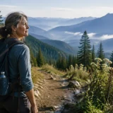山道で次の一歩を見つめる架空の成熟した女性ハイカー